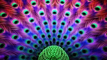  A Close Up Of A Peacock's Feathers With A Green Ball In The Foreground And A Blue Ball In The Background.