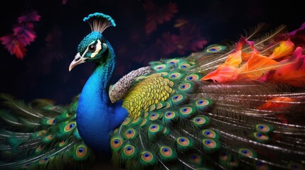 Sticker -  a peacock with feathers spread out in front of a dark background with colorful flowers and leaves in the foreground.