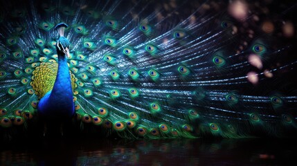 Sticker -  a close up of a peacock with it's feathers spread out and it's reflection in the water.