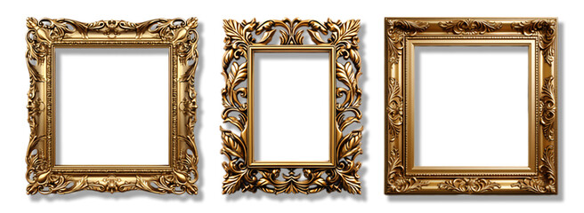 Set of Decorative antique gold frames of square shape with elegant carved decoration, isolated on transparent background, generative ai