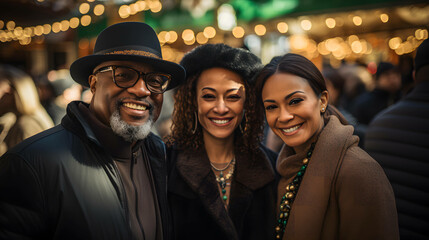 Happy people at the St. Patrick's Day carnival. Two women and a man stand side by side in front of a crowd of people. They are wearing green hats and glasses