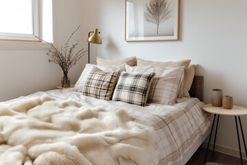 Wall Mural - A simple design of a small white room with a window, a poster in a wooden frame above a bed with pillows and bed linen made of natural fabrics, a fur blanket, wooden bedside tables with decor and lamp