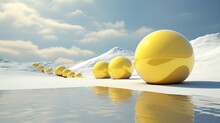  A Group Of Yellow Balls Sitting On Top Of A Snow Covered Ground Next To A Body Of Water With Mountains In The Background.
