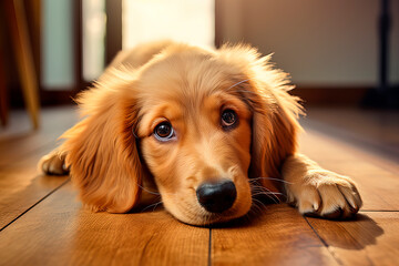 Wall Mural - A golden labrador lies on the floor. Generative AI