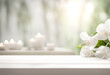 White empty table top in front, blurred spa background. Relax massage banner with candles. Advertising podium for showing product. Cosmetology shelf generated by AI