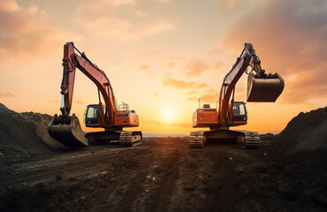 Wall Mural - Excavator on earthmoving at open pit mining on sunset. Backhoe digs sand and gravel in quarry. Heavy construction equipment on excavation at construction site. Mining Excavator in open-pit. Open cast