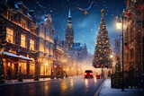 Fototapeta Londyn - Festively Lit Cityscape Adorned for the Holidays