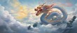 Fantasy of chinese dragon flying on clouds. AI generated image