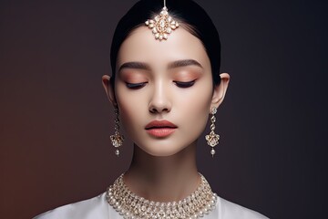 Wall Mural - Stunning portrait of a young Asian woman wearing traditional clothing adorned with gold jewelry.