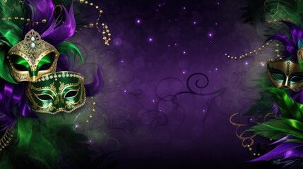 Mardi Gras Venetian masks in golden purple green colors background. Festive colorful Carnival Mardi Gras masquerade mask design for banner, greeting card, prints, poster, party invitation, flyer..