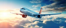 Beautiful Airplane With Sunlight An Edge Of Blue Sky With Clouds. AI Generated Image