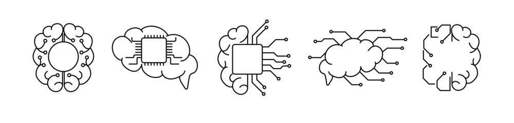 Poster - Tech robot brain cpu chip frame. Digital ai deep learning futuristic circle border. Artificial intelligent deep learning icon