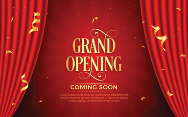 realistic grand opening invitation banner with red curtains, golden elements and 3d editable text ef