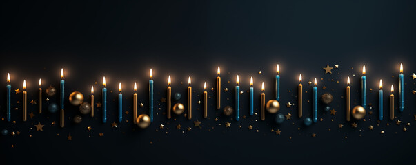 Wall Mural - Flaming blue candles at night on dark background with stars and lights. Candles in Christian church as catholic symbol. Abstract festive backdrop. Christmas eve or Chanukah banner with copy space