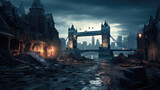 Fototapeta Fototapeta Londyn - Post apocalypses view of London, destroyed city street at night. Futuristic apocalyptic fiction view of buildings ruins and rubbles. Concept of war, destruction, uk, england, background