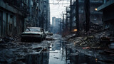 Fototapeta  - Post apocalypses view of destroyed city in twilight. Futuristic apocalyptic view of street, buildings ruins and rubbles. Concept of war, destruction, background, future, dystopia