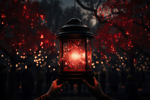 A Person Lighting A Red Lantern In Memory Of Those Lost To AIDS. Concept Of Hope And Commemoration. Generative Ai.