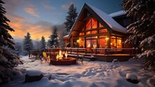 A Cabin With A Fire Pit In The Snow