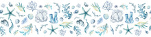 Underwater Sea Border. Watercolor Corals And Seashells On Isolated Background For Banner. Flora Of The Ocean Marine Nature.  Undersea Horizontal Ornament.