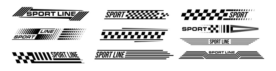 Racing stripes geometric lines design racing car hood sticker, dynamic arrow shapes and lines background for sporting event. racing start and finish flag. vector illustration template for motorsports