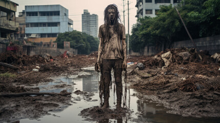 Wall Mural - Zombie on street of abandoned town, apocalypse