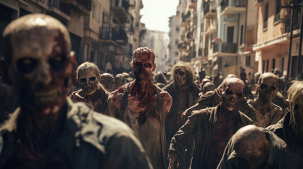 Wall Mural - Crowd of rotten zombies lurking on streets of destroyed city, apocalypse concept