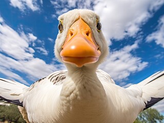 Wall Mural - Close up portrait of a goose. Detailed image of the muzzle. A domestic bird is looking at something. Illustration with distorted fisheye effect. Design for cover, card, decor, etc.