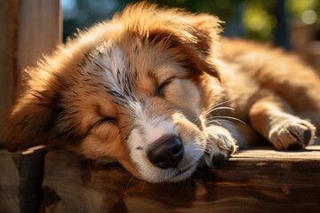 Sticker - A contented puppy curled up in a sunbeam for an afternoon nap. Concept of restful relaxation. Generative Ai.