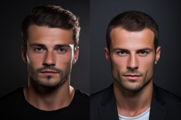 Poster - A before-and-after comparison of a hair transplant procedure, emphasizing the concept of transformation. Generative Ai.