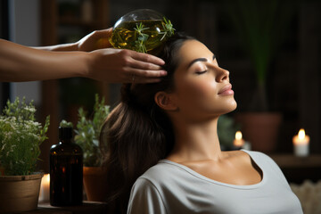 Wall Mural - A scalp massage with essential oils, promoting the concept of relaxation and hair health. Generative Ai.