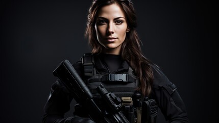 A Beautiful female special agent commando smiling in operational gear and weapons.