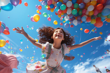 Poster - Whimsical illustrations of girls with balloons in hand, floating above the ground, representing the uplifting and buoyant spirit of youth. Generative Ai.