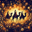 Abstract ornamental illustration of three wise men traveling to visit born Jesus in Bethlehem