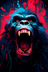 Sticker - Mad monkey. Blue and red paint splashes. Generative AI