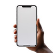 Hand holding a smartphone. Transparent mobile screen mockup. No background. - Generative AI