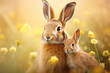 sweet bunny rabbits family. adorable mother rabbit with her cub. copy space banner