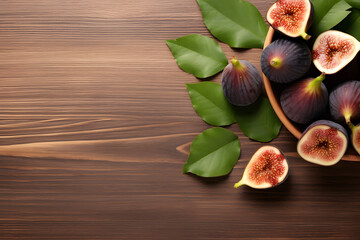 Wall Mural - Whole and cut ripe figs with leaves on wooden table, flat lay. Space for text