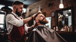 bearded man getting a haircut in a barbershop