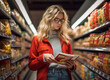 young woman buying diary product and reading food label in grocery store
