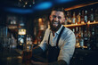 attractive bartender serving drinks in a pub, sports bar, restaurant, taking care of its customers; happy, smiling, good-looking alcohol server, waiter, waitress
