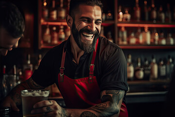 Wall Mural - attractive bartender serving drinks in a pub, sports bar, restaurant, taking care of its customers; happy, smiling, good-looking alcohol server, waiter, waitress