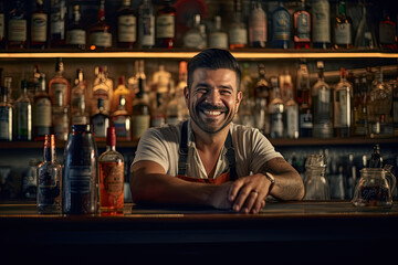 Wall Mural - attractive bartender serving drinks in a pub, sports bar, restaurant, taking care of its customers; happy, smiling, good-looking alcohol server, waiter, waitress