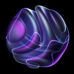 Wall Mural - 3d render abstract art surreal mystic alien ball or sphere sculpture in curve wavy organic lines forms in deformation process in translucent plastic material with laser plasma neon purple lines forms