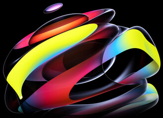 Wall Mural - 3d render abstract art part of surreal 3d alien flower in curve wavy round and spherical lines forms in transparent plastic material with glowing yellow neon color lines or stripes on black background