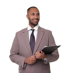 Wall Mural - Portrait of happy man with clipboard on white background. Lawyer, businessman, accountant or manager