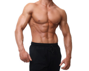 Poster - Young bodybuilder with muscular body on white background, closeup