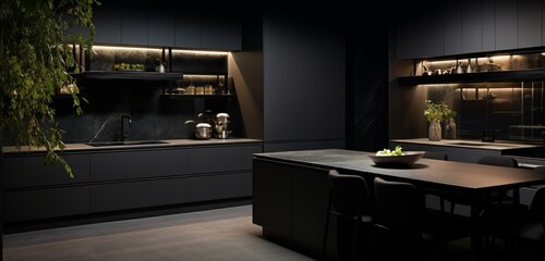 Wall Mural - A sleek, all-black kitchen with stainless steel appliances.