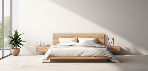 Wall Mural - A minimalistic bedroom with a bed against a white wall.