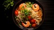 bowl containing soup with shrimps and noodles, in the style of food photography, 16:9