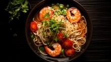 Bowl Containing Soup With Shrimps And Noodles, In The Style Of Food Photography, 16:9